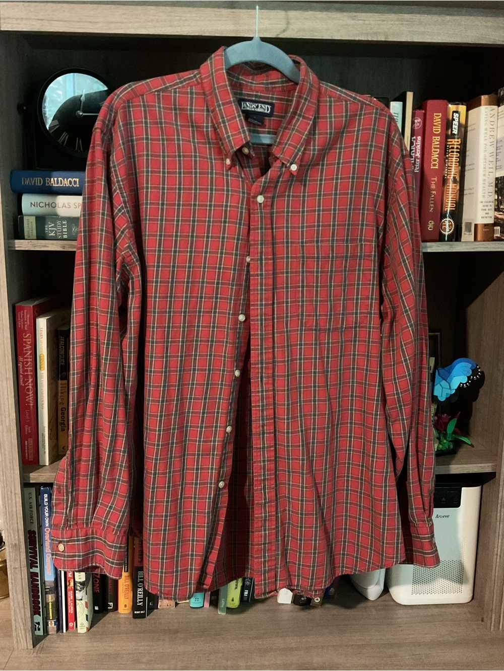 Lands' End Men's Red and Green Plaid Button-Down Shirt